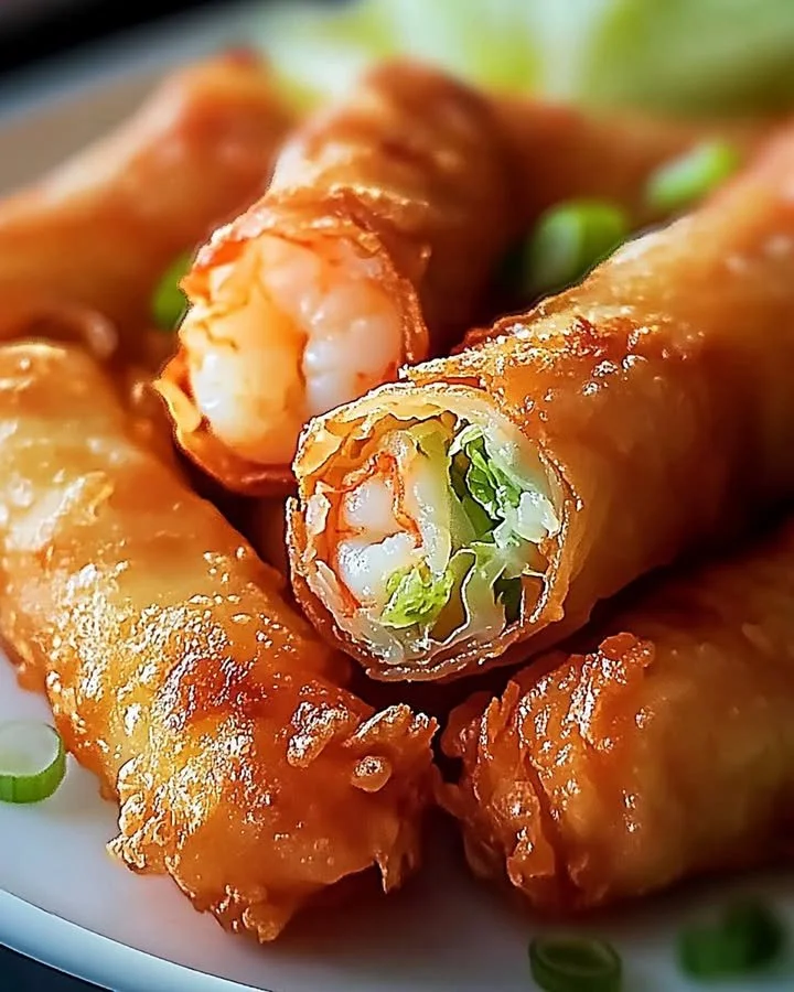 Crispy shrimp egg rolls filled with cabbage, served as a delicious appetizer.