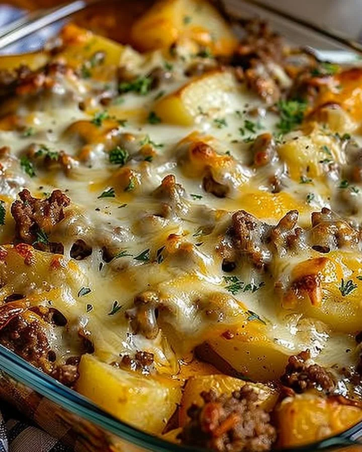 Easy hamburger potato casserole with ground beef and potatoes in a baking dish.