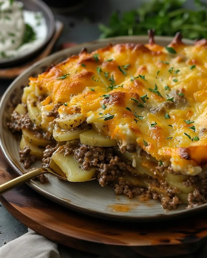 Delicious hobo casserole served in a baking dish with vegetables and meat