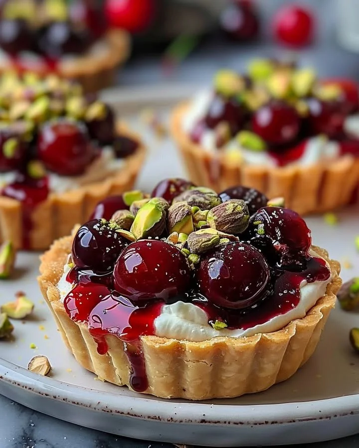 Elegant Cherry Pistachio Tartlets dessert on a decorative plate