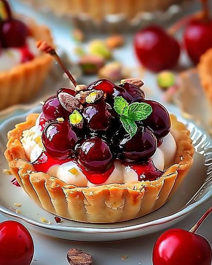 Elegant Cherry Pistachio Tartlets garnished with fresh cherries and pistachios