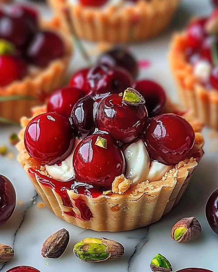 Elegant Cherry Pistachio Tartlets with cherries and pistachios.