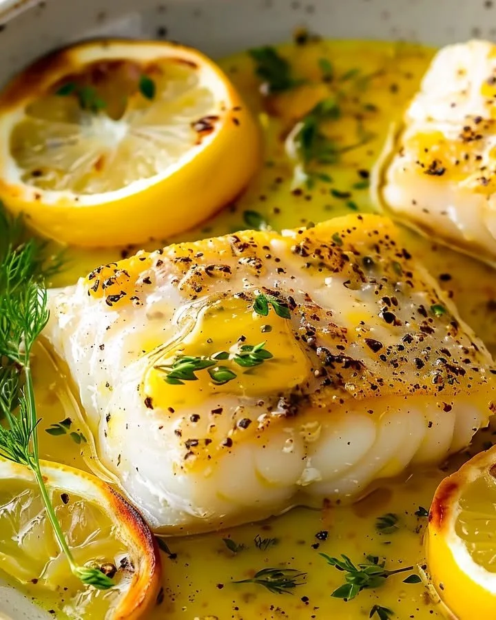 Elegant lemon-butter baked cod served with fresh herbs and lemon slices