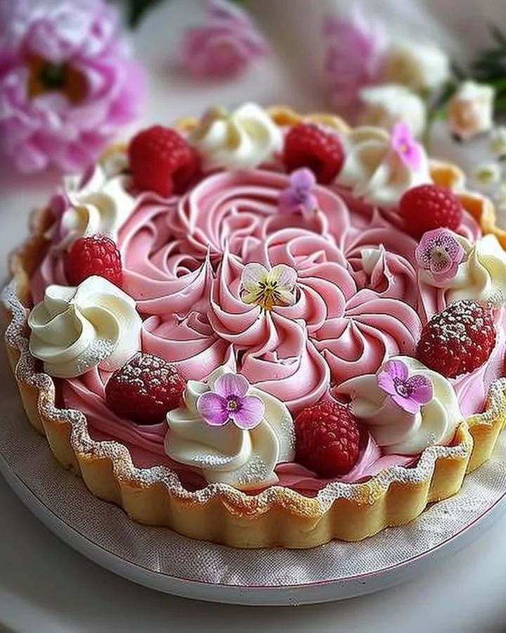 Elegant pink flower tart beautifully decorated for a special occasion.
