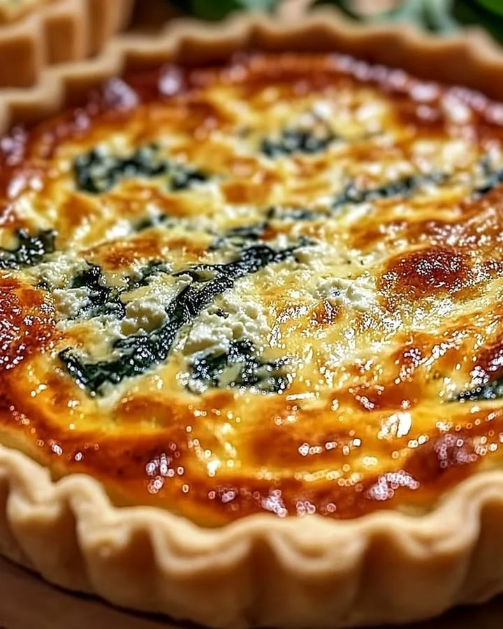 Elegant Ricotta and Spinach Quiche with a golden crust and fresh ingredients