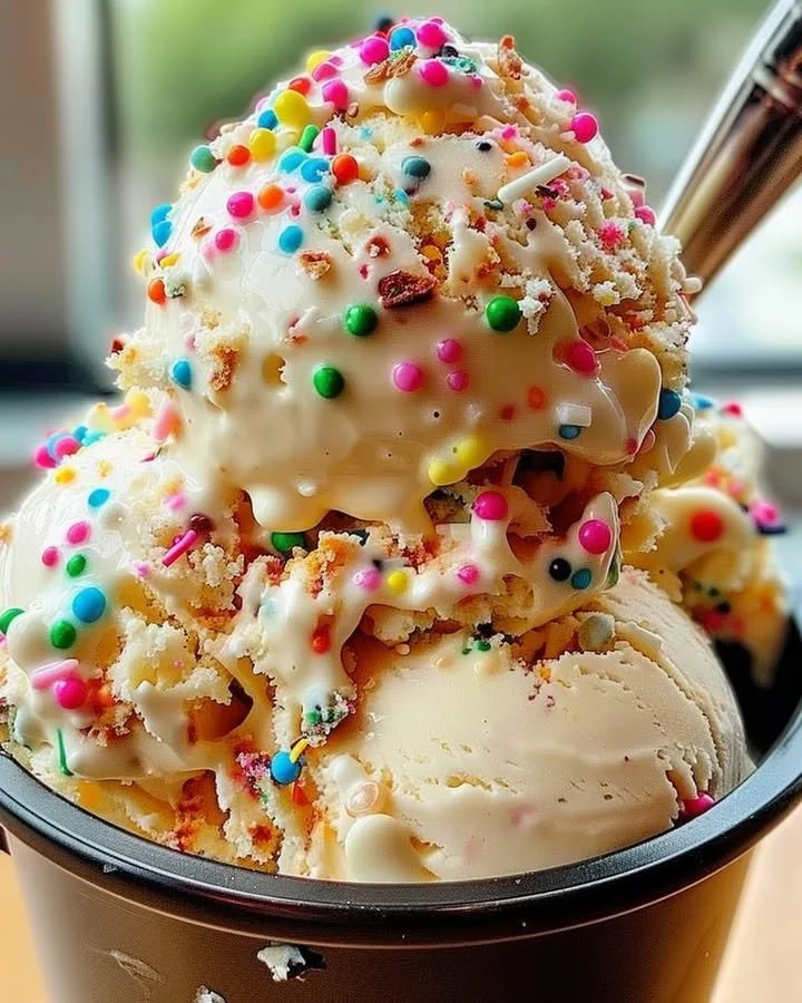 Festive birthday cake ice cream with sprinkles and cake crumbles
