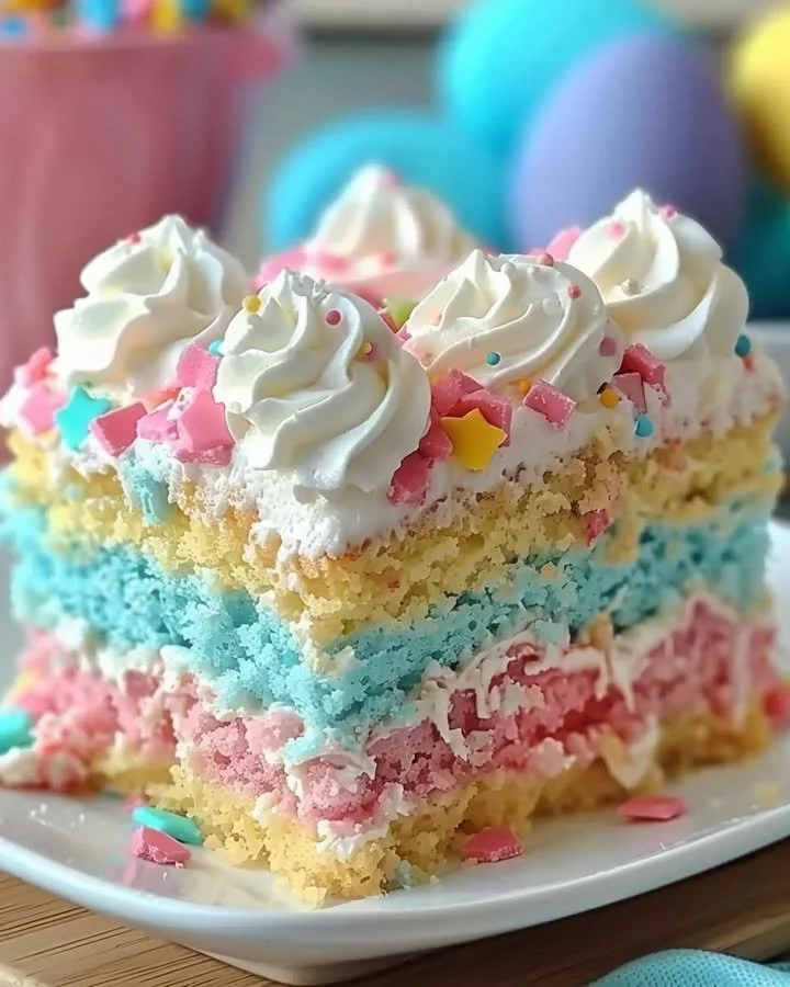 Festive Easter Bunny Poke Cake with creamy frosting and colorful decorations.