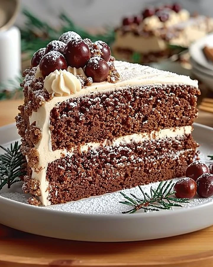 A slice of festive gingerbread cake topped with icing and holiday decorations
