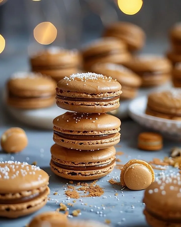 Festive gingerbread macarons topped with spiced caramel drizzle on a plate.