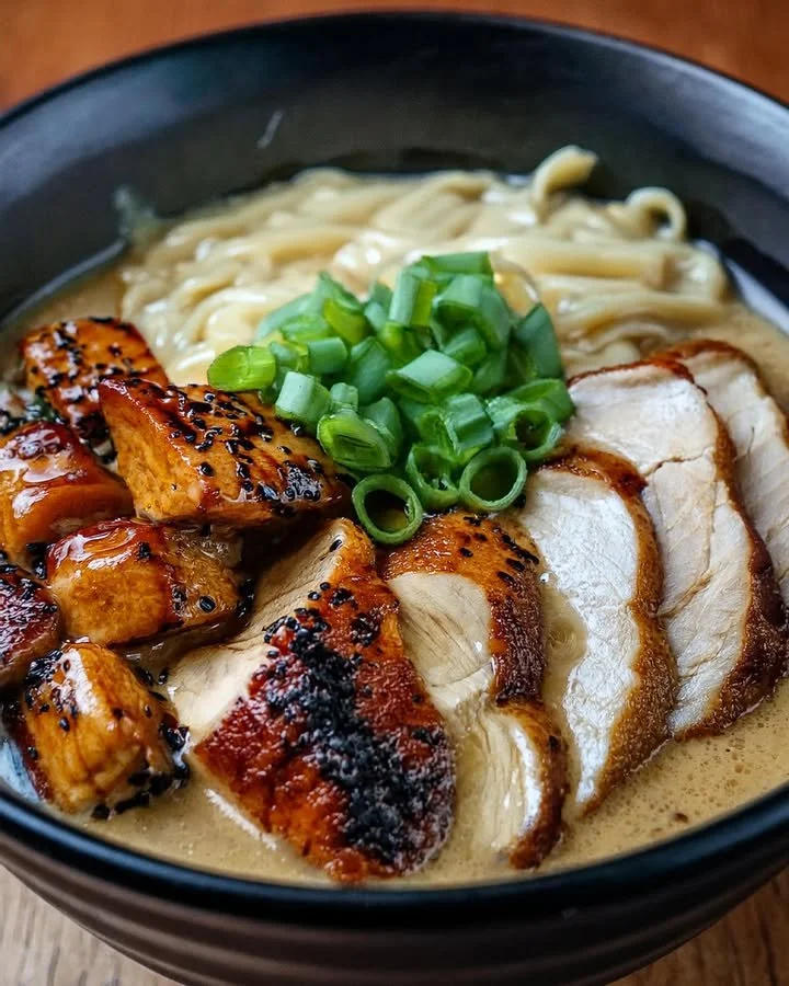 Fiery Chicken Ramen with Creamy Garlic Sauce in a bowl
