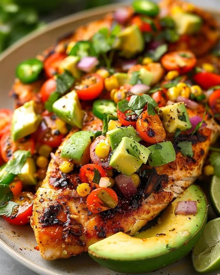 Plate of Fiesta Lime Chicken garnished with avocado salsa