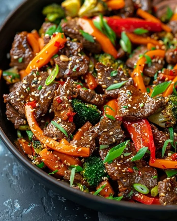 Flavorful beef and vegetable stir fry served in a bowl with vibrant colors.