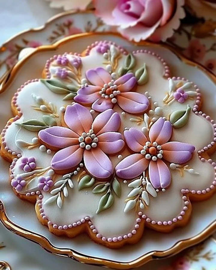 Beautifully decorated floral butter cookies with royal icing