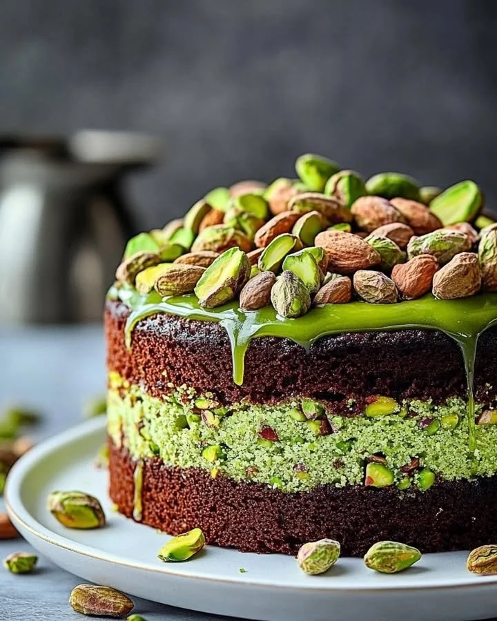 A slice of Flourless Pistachio Cake topped with pistachio nuts and whipped cream.