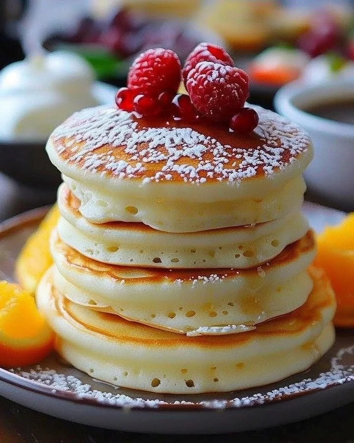 Fluffy Japanese soufflé pancakes stacked and topped with syrup and berries.