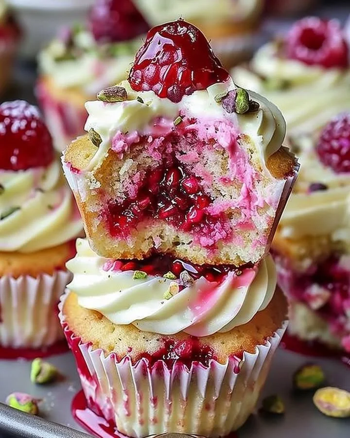 Fluffy raspberry pistachio cupcakes topped with creamy frosting and fresh raspberries