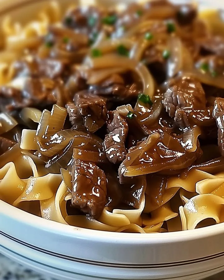 Delicious French onion beef and noodles served in a bowl