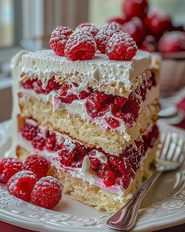 Fresh Raspberry Layer Cake with layers of raspberry filling and frosting