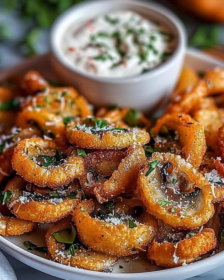 Crispy fried sliced mushrooms served with a side of ranch dressing