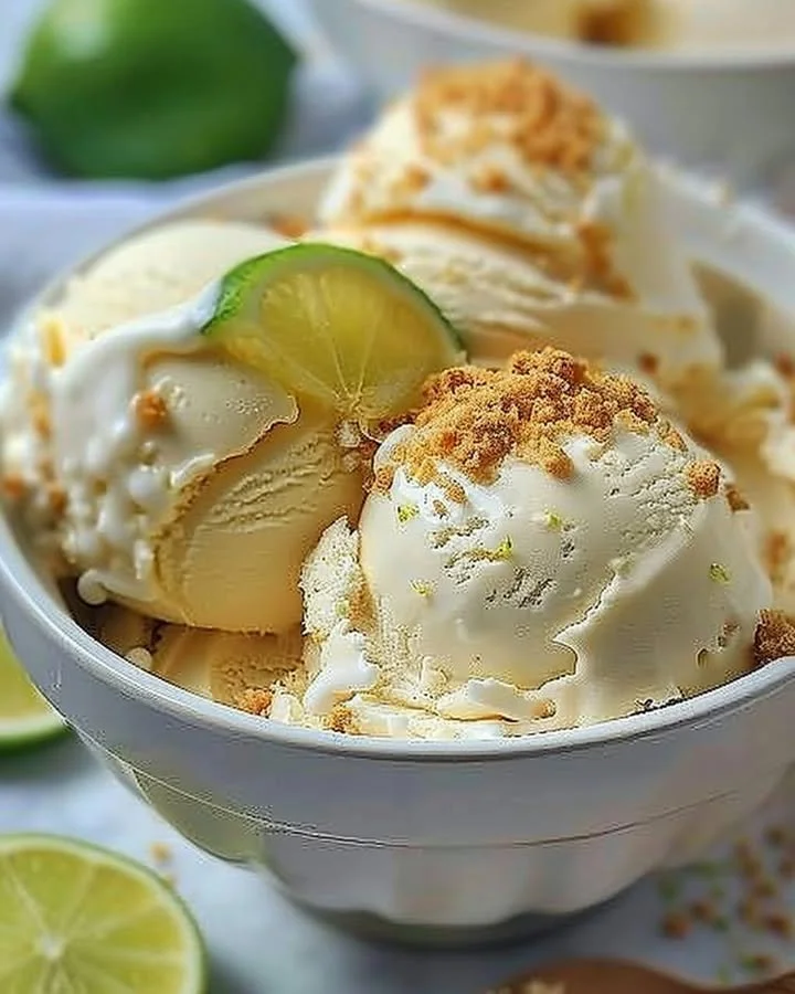 Delicious frozen Key Lime Pie Ice Cream in a bowl topped with lime slices
