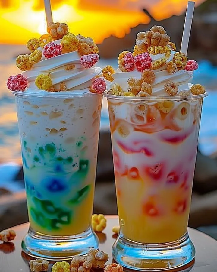 Colorful Fruit Loop Fizz drink with fruit slices and fizzing bubbles