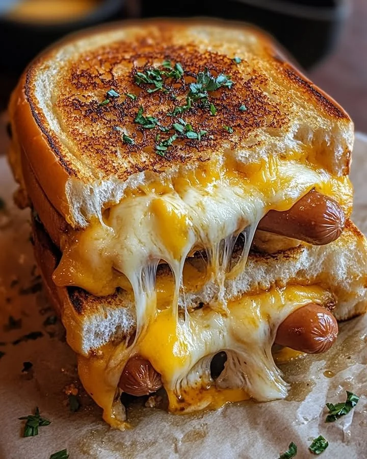 Fryer grilled cheese hot dogs served on a plate with golden crust