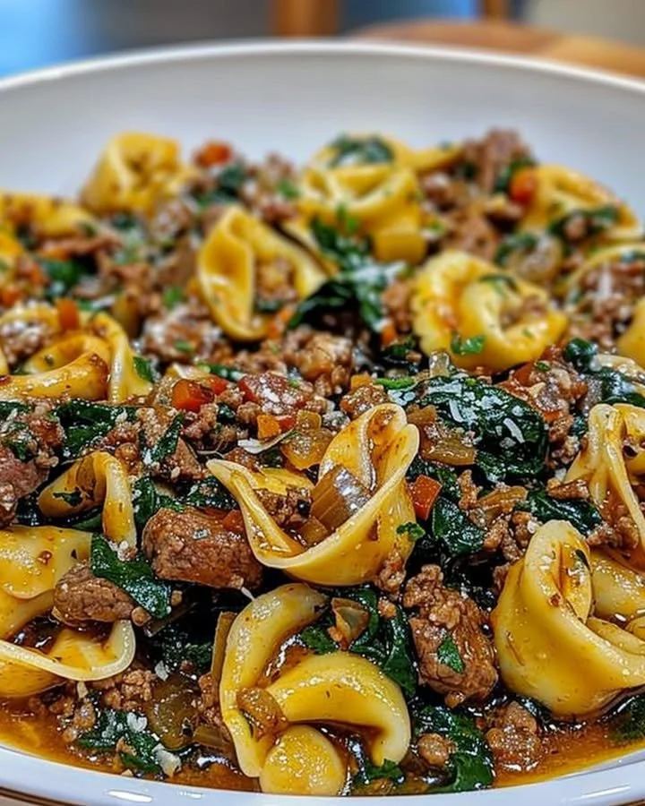 Delicious Garlic Butter Beef served with spinach tortellini in a savory dish.