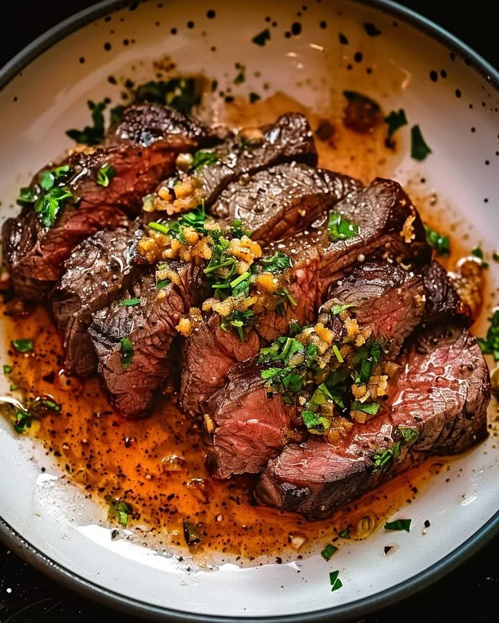 Delicious Garlic Butter Brazilian Steak served on a platter