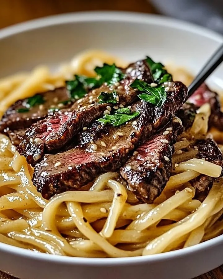 Delicious garlic butter steak served with lightning noodles for a quick meal.