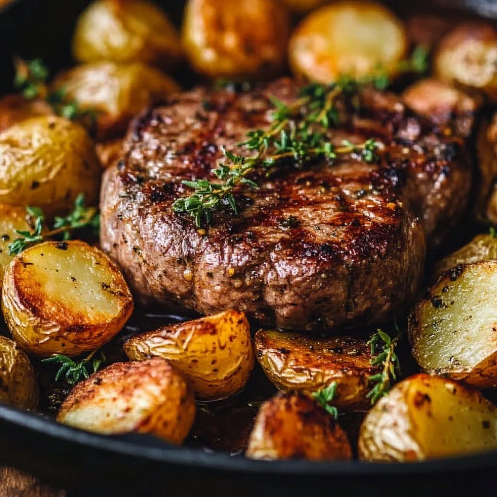 Garlic Herb Steak with potatoes in a skillet, a delicious dinner option