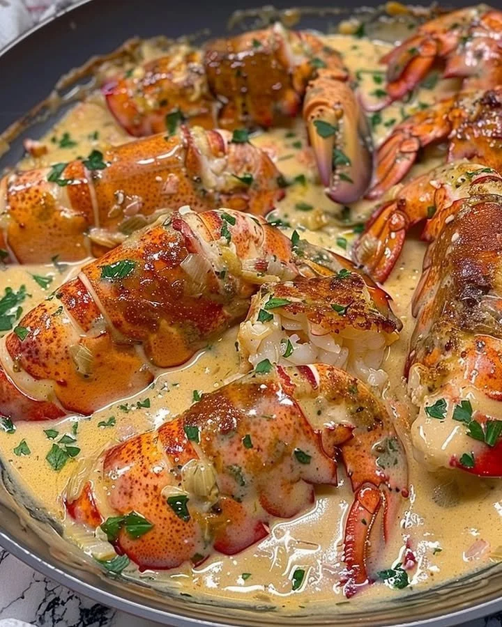 Garlic Parmesan Alfredo Lobster Tails served on a plate with garnishes