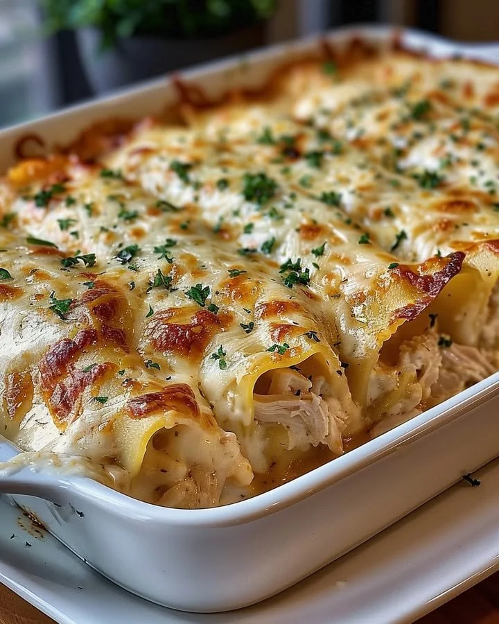 Delicious Garlic Parmesan Chicken Lasagna Roll-Ups served on a plate with herbs.