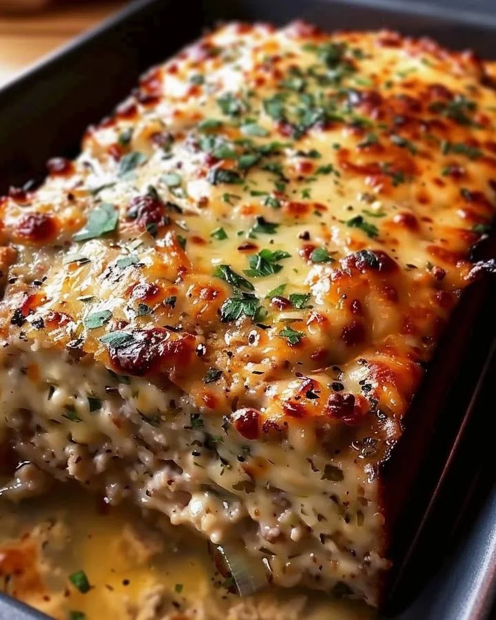 Garlic Parmesan Chicken Meatloaf garnished and ready to serve