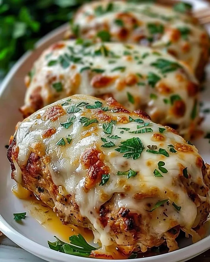Garlic Parmesan Chicken meatloaf served with herbs and garnished with parsley