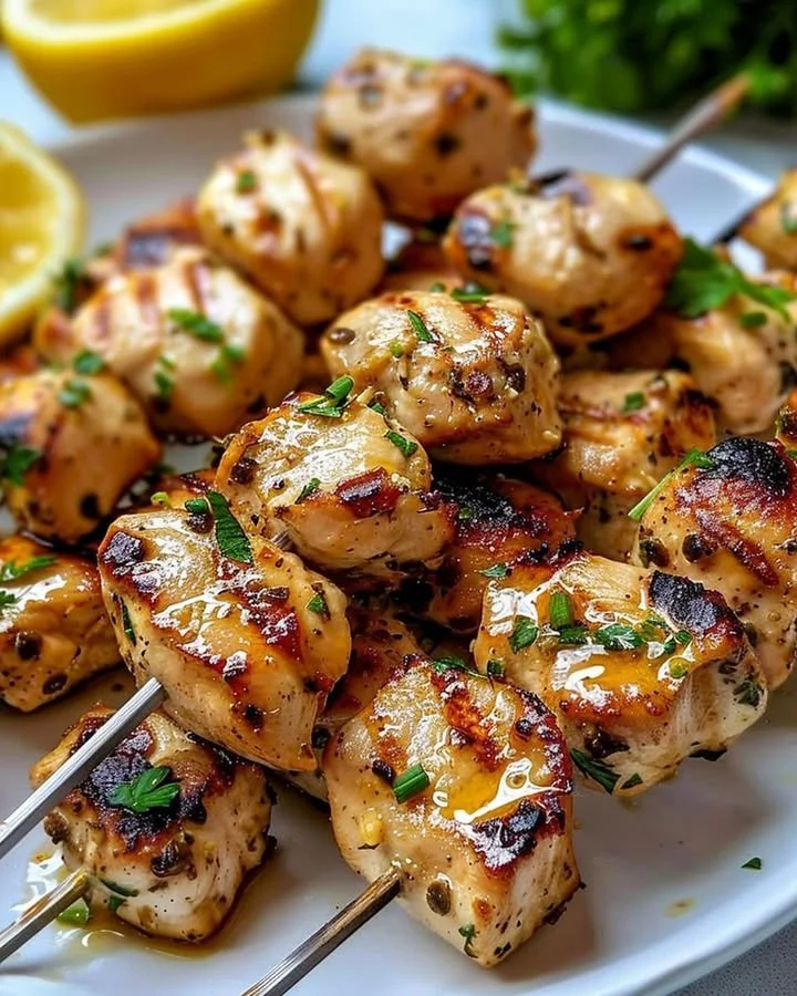 Delicious Garlic Parmesan Chicken Skewers grilled to perfection