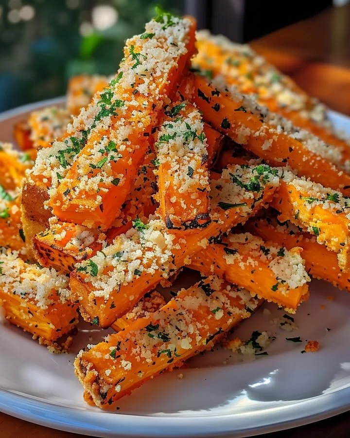 Crispy Garlic Parmesan Sweet Potato Sticks garnished with herbs