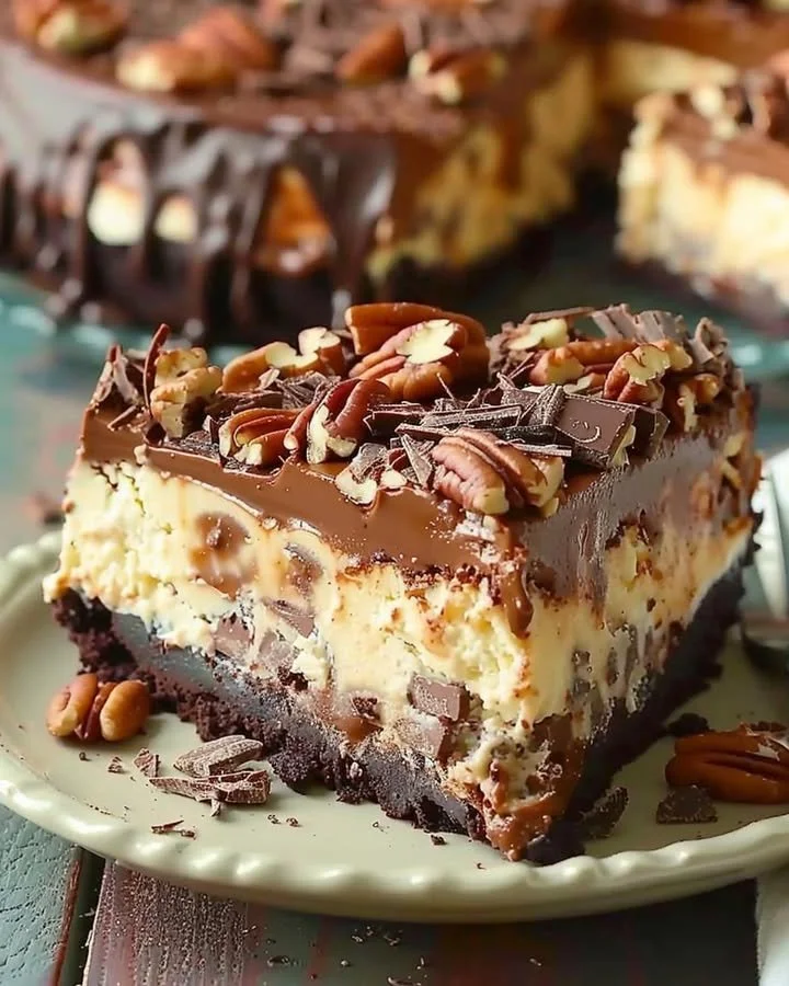Delicious German Chocolate Cheesecake with coconut and pecan topping