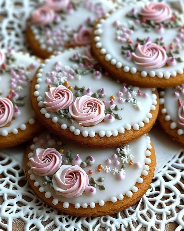 Gingerbread cookies decorated with colorful floral icing for the holidays