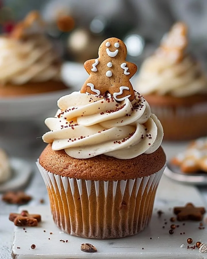 Delicious gingerbread cupcakes topped with festive icing and decorations