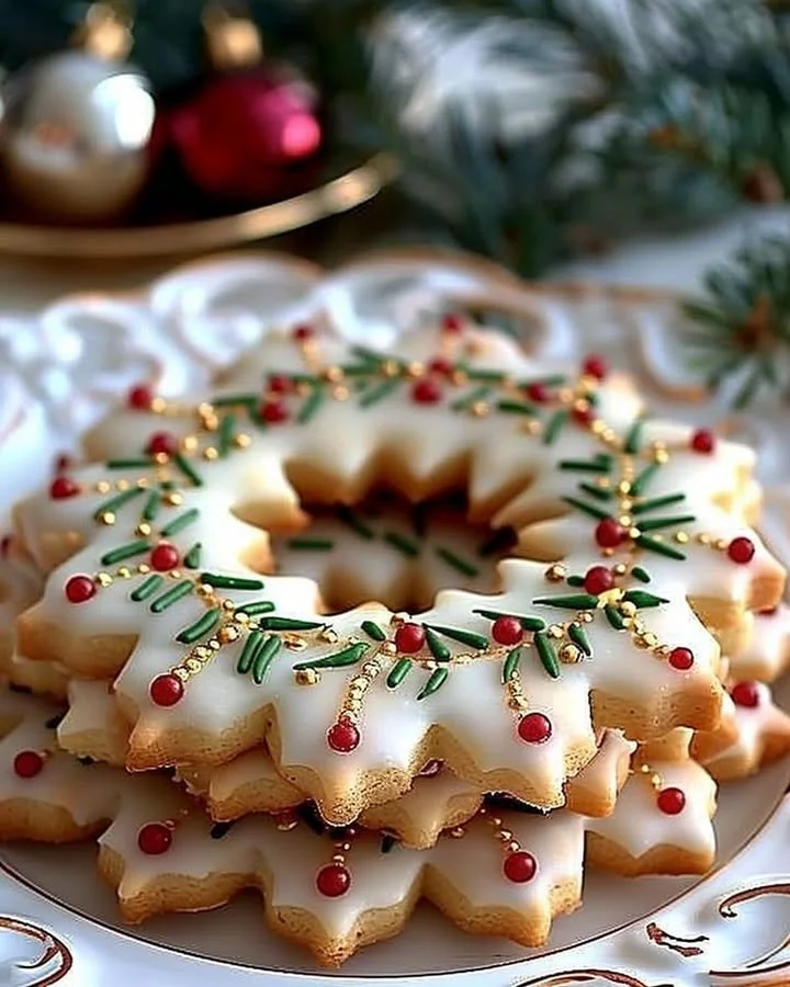 Golden Holly Crown Cookies decorated for the holidays