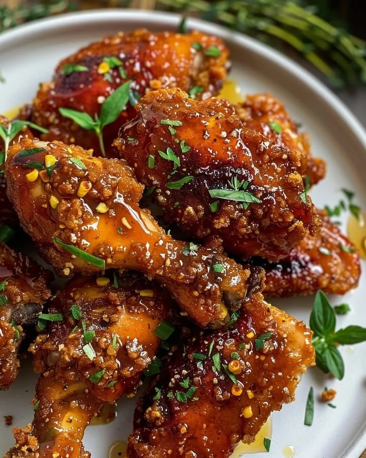 Plate of golden honey-glazed chicken with a spicy twist garnished with herbs.