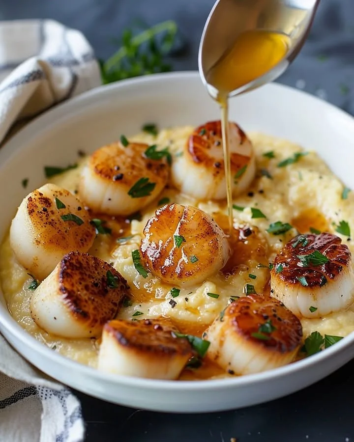 Golden scallops served over creamy parmesan polenta dish