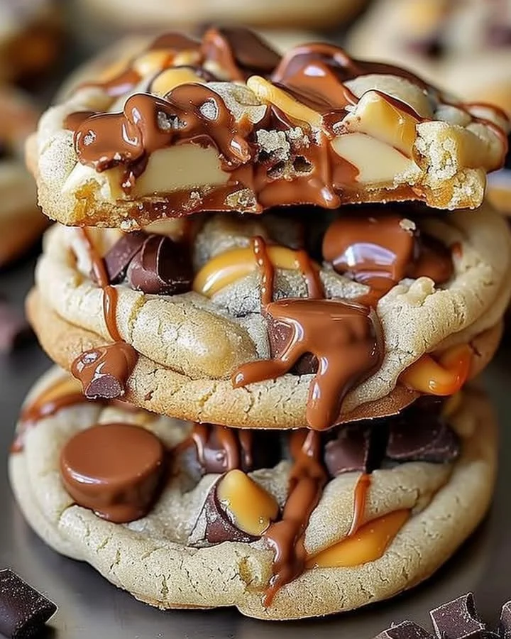Gooey Reese's cheesecake cookies topped with peanut butter and chocolate pieces.