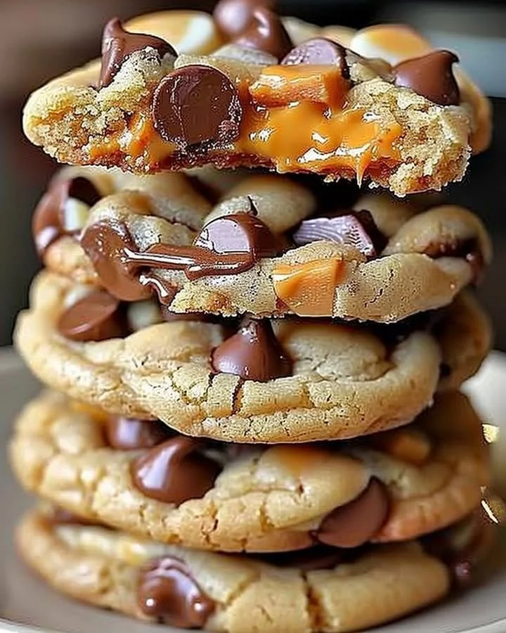 Gooey Reese's cheesecake cookies with chocolate and peanut butter flavor