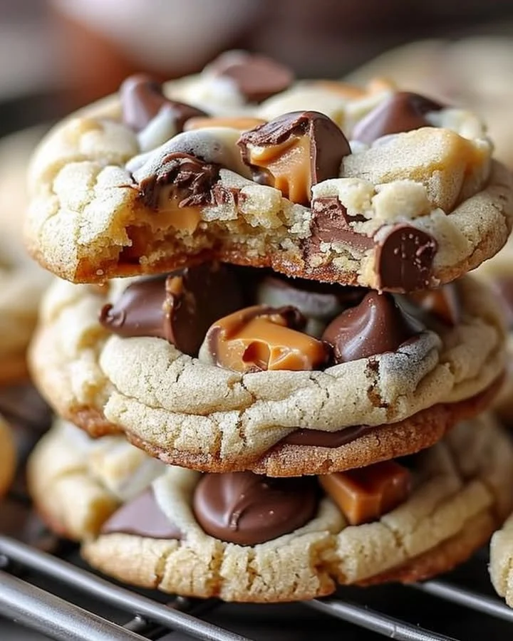 Gooey Reese's cheesecake cookies on a plate with chocolate drizzle