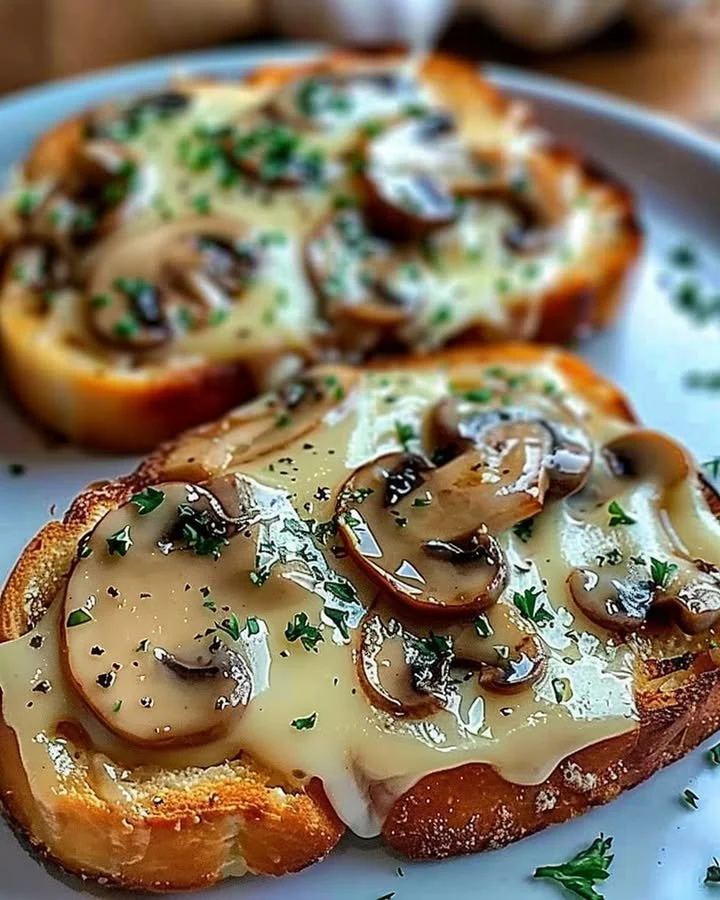 Gourmet cheesy mushroom and garlic toasts topped with herbs and melted cheese