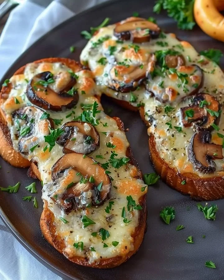 Gourmet cheesy mushroom and garlic toasts garnished for a delicious presentation.