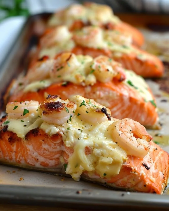 Gourmet mozzarella and shrimp stuffed salmon fillets on a serving plate