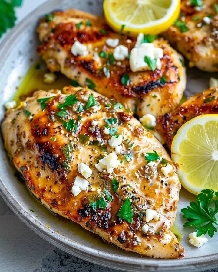 Plate of Greek chicken with lemon and feta garnished with herbs