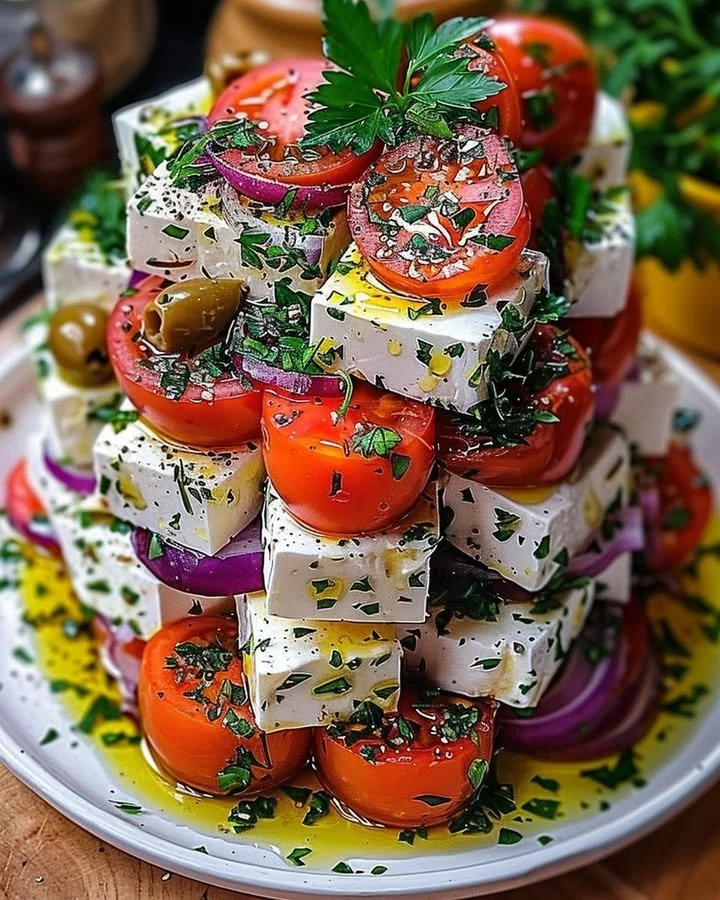 Greek Feta Salad Tower with fresh vegetables and feta cheese
